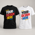 Black and white custom T-shirt mockups with Your Design Here sample prints
