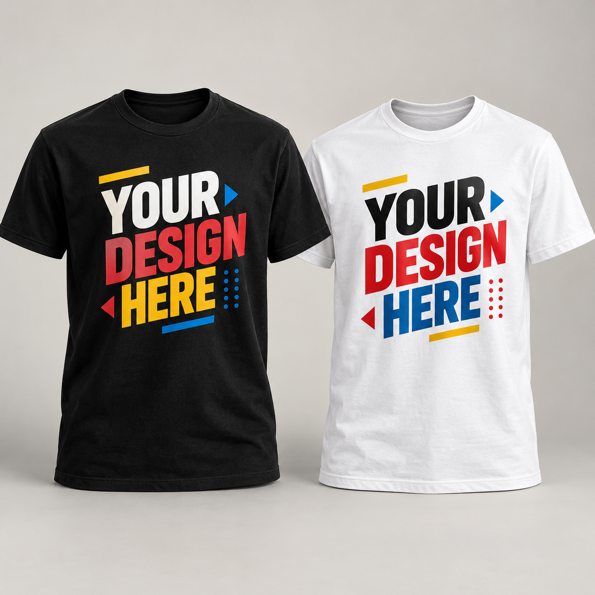 Black and white custom T-shirt mockups with Your Design Here sample prints