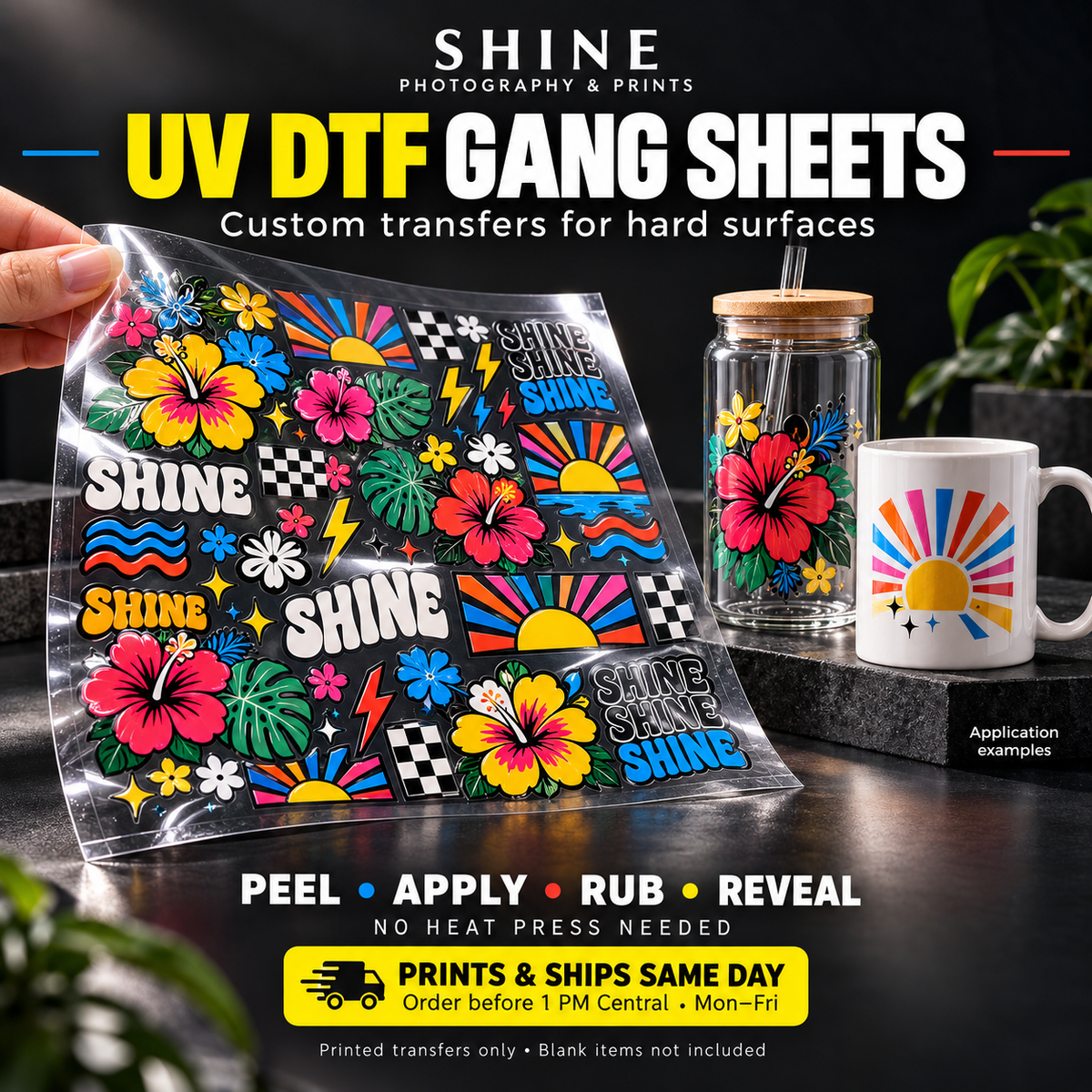 Shine UV DTF gang sheet transfers for hard surfaces with cup application examples and same-day shipping.